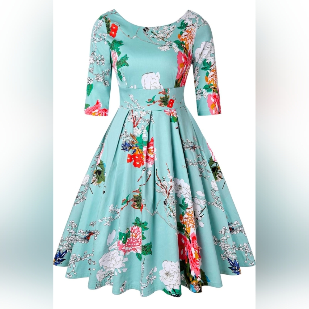 Aqua retro swing dress with floral pattern, 2xl